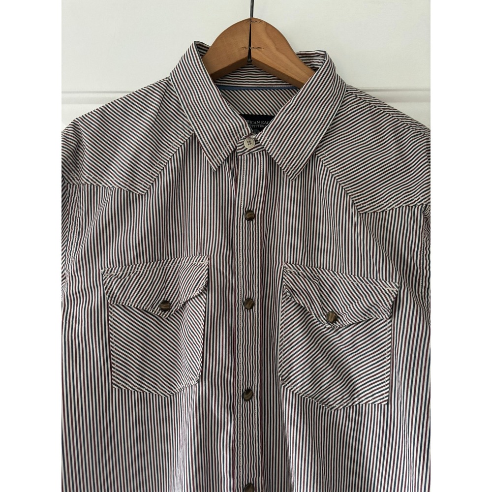 American Eagle Button Down Mens L Red Blue Striped Western Snap Vintage Shirt